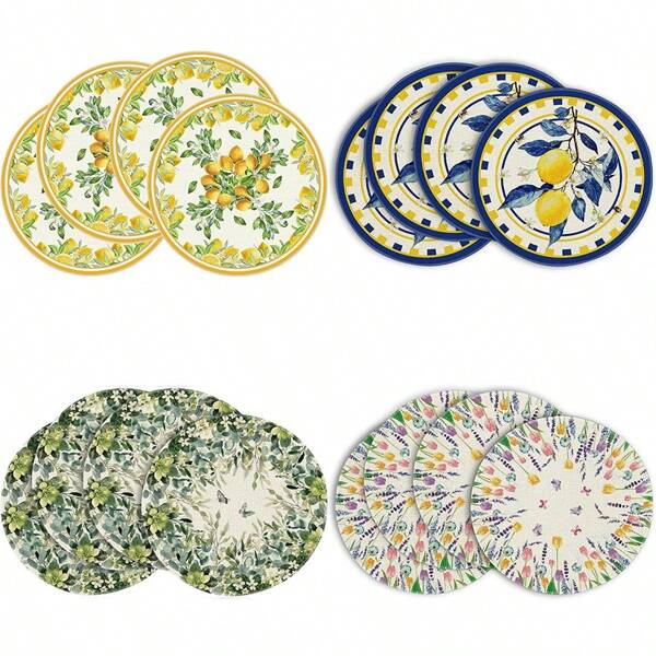 Lemon Flower Summer Placemat Set 4-Piece, 15-Inch Round Seasonal Wildflower Table Mat, For Party Kitchen Dining Decor
