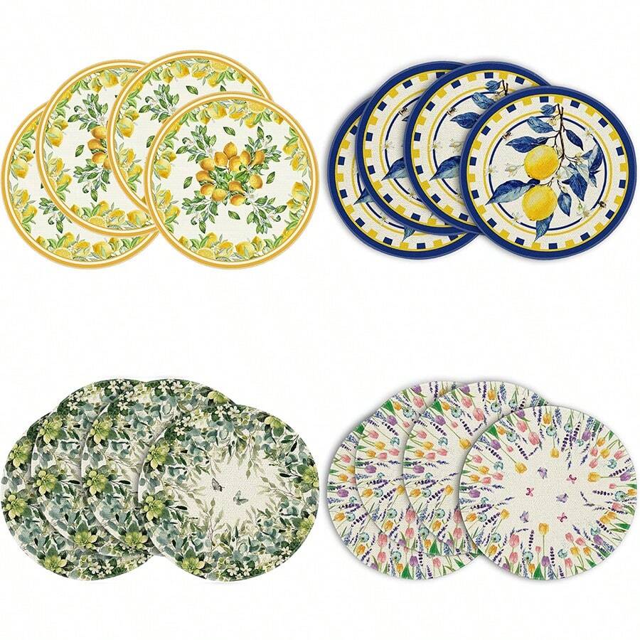 Lemon Flower Summer Placemat Set 4-Piece, 15-Inch Round Seasonal Wildflower Table Mat, For Party Kitchen Dining Decor