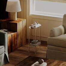 Acrylic Narrow Side Table For Small Spaces, 7" Wide Skinny Nightstand/Bedside Table For Bedroom, Slim Small End Table, 2 Tier, 15.7" L X 21.8" H, Clear