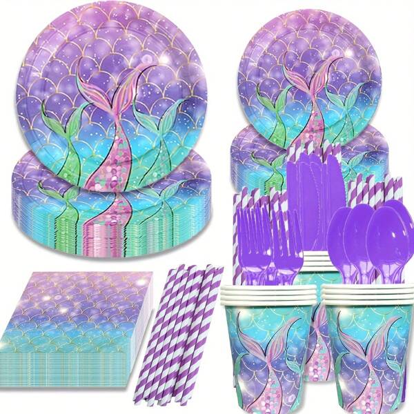 Set de 40 piezas desechables con temática de cola de pez para fiesta de cumpleaños, suministros de vajilla con escamas de pez para fiesta de cumpleaños, vajilla desechable morada, bandeja de papel de 9 pulgadas, bandeja de papel de 7 pulgadas, vasos de papel, servilletas, adecuado para celebraciones de cumpleaños