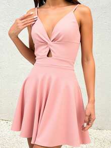 Vestido corto romántico bonito fresco dama mujer sexy nudo escote tirante delgado posterior escote abierto bajo amplio semicircular fresco calor primavera verano día noche fiesta boda playa evento cumpleaños - Rosa - Ver 4