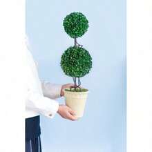 D7x22H TwoTiered Faux Boxwood Sphere Topiary In Cream Pot - Green + Plastic1 - View 4