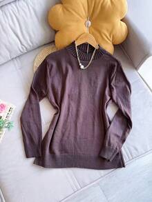 Sweater Blouse Round Neck Plus Size Basic Women Fashion - Chocolate Brown - View 1