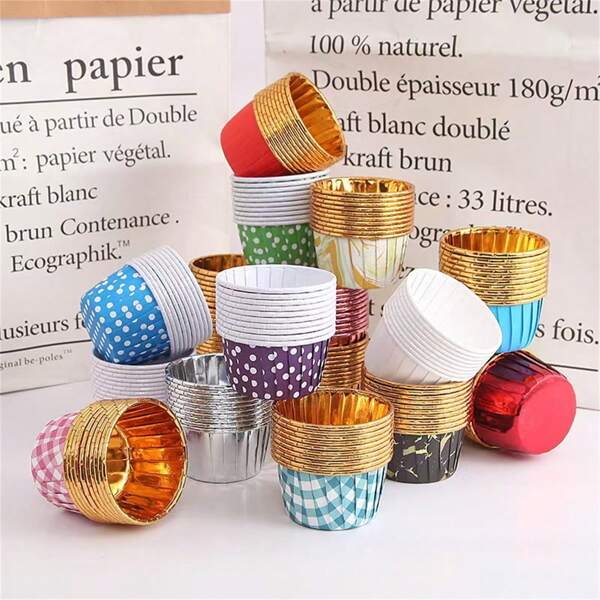 50pcs Thickened Metallic Gold/Silver Cupcake Liners, Baking Cups Heat Resistant For Cake Making