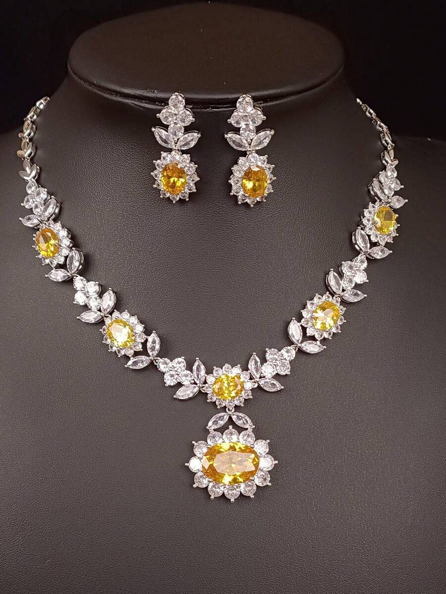 1 Set mit 3 Stücken Luxus Zirkonia Halskette & Ohrringe Schmuckset, Braut Hochzeit Party Verlobung Formale Blumen Dekor Accessoires Geschenk für Frauen