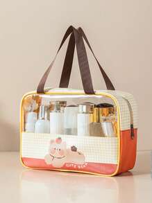 1pc Cartoon Plaid Transparent PVC Cosmetic Bag, Double Layer Wet & Dry Separation Travel Makeup Organizer, Waterproof