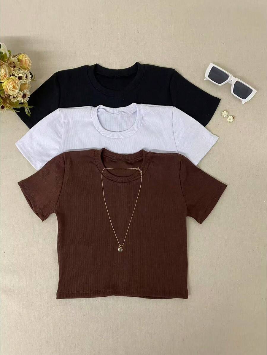 kit 3 blusas  cropped Feminina e  ribana algodão  canelado manga curta moda blogueira estilosa tendencia  dia  a dia    Casual  Poliéster - preto e branco e marrom - Visão 1