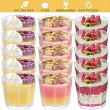 25/50 unidades Tazas de postre de plástico, tazas de postre octagonales de 160ml transparentes para parfait, entremés, reutilizables, cuencos de servir para postre, pudín, mousse para fiesta (7.2 X 6.5cm)