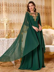 SUPGIR 女式 V 领亮片喇叭袖刺绣装饰束腰超长鸡尾酒会礼服、派对礼服、长袍、正式礼服、晚礼服、婚礼宾客礼服 - 墨綠色 - 查看 6