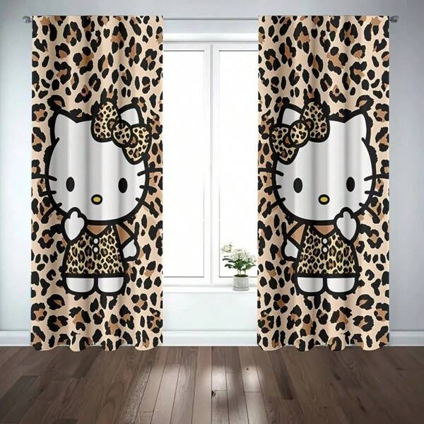 Sanrio 2pcs Hello Kitty Leopard Print Curtains With Elegant Bowknot - Fashionable & Machine Washable, Sheer Panel For Bedroom & Living Room, Polyester Fabric With Rod Pocket