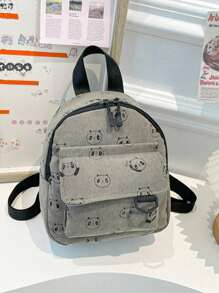 1 pieza Mochila a rayas de unicolor de pana con estilo y sencilla, mochila pequeña fresca, sencilla y dulce con estampado de panda de dibujos animados, apertura y cierre con cremallera, correas de hombro ajustables cómodas y versátiles, adecuada para todas las ocasiones, para uso al aire libre, juego, transporte