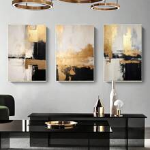 Set Of 3 Unframed Golden Black Beige Abstract Wall Art Canvas Poster Print Minimalist Contemporary Art Painting For Dorm,Living Room,Apartment,Bedroom,Modern Home Decoration