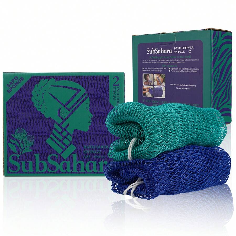 2 piezas de Esponja de red africana auténtica de Sub-Sahara: Exfoliante para todo tipo de piel, esponja de baño para rostro y Body, portátil para viajes, duradera, exfoliación suave - Azul oscuro y verde bosque - Ver 1