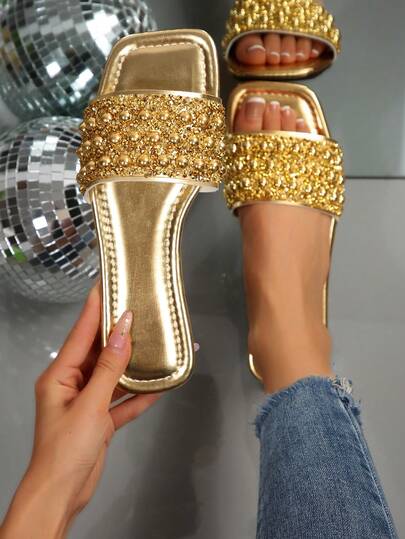 新款奢华防滑户外/沙滩舒适百搭水钻珍珠装饰平底凉鞋，方头设计，室内日常穿着皆宜，法式风格，大码女鞋，春夏穿搭