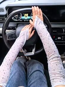 1 Pair Women's Rhinestone Decor Sheer Mesh Fingerless Gloves, Fashionable For Music Festival, Stage Performance, Sexy, Suitable For Driving, Sun Protection, Wedding, Elegant, Mature, Cosplay, Holiday Party, All Seasons