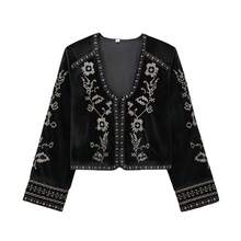 MUMRAP Women Fashion Solid Embroidery Printing Jacket Vintage Long Sleeve Loose Coat
