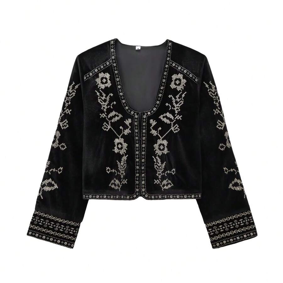 MUMRAP Women Fashion Solid Embroidery Printing Jacket Vintage Long Sleeve Loose Coat