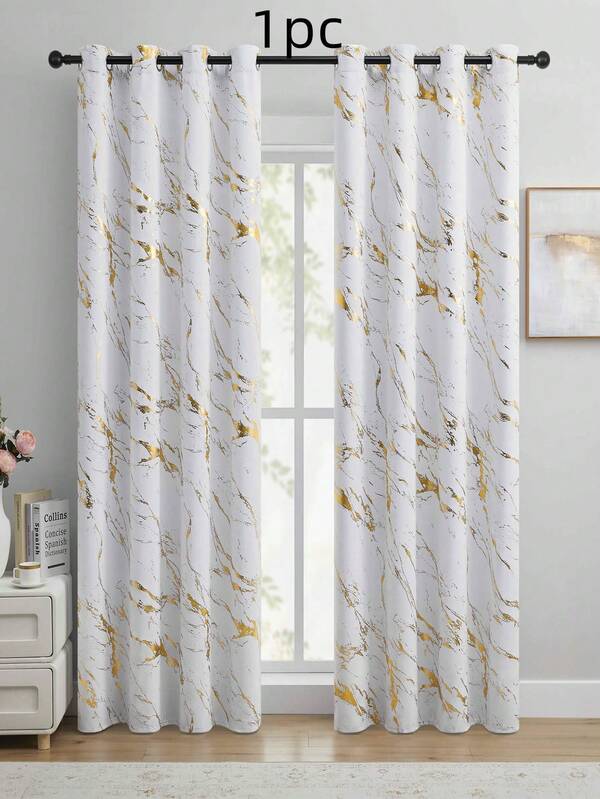 Cortina blackout de 1 peça, painel com padrão de mármore dourado para sala de estar, quarto, escritório, isolamento térmico, com ilhós na parte superior