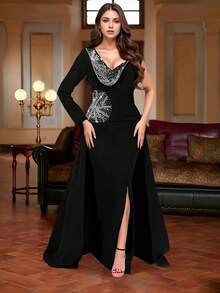 Women's Sexy V-Neck Maxi Dress, Elegant Middle Eastern Style Slit Evening Gown With Rhinestone For Party & Wedding