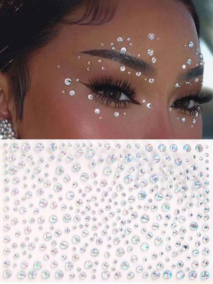 1片大号珍珠3D闪亮星空水钻面部饰品贴纸，DIY音乐节派对妆容装饰，适用于头发、眼睛、面部和身体，礼品套装 - 彩色 - 查看 1