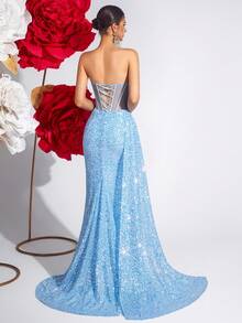 Elisanya 亮片露肩镂空鱼骨舞会礼服，褶皱高腰带蝴蝶结，开叉大腿露背系带鸡尾酒会晚会长款拖地裙，适合婚礼宾客、正式场合、毕业典礼和约会之夜 - 淺藍色 - 查看 2