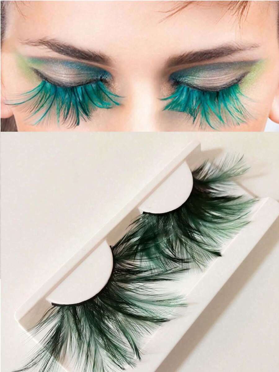 1 par de pestañas postizas de plumas verdes, decoración de maquillaje para fiestas, bodas, escenarios, disfraces