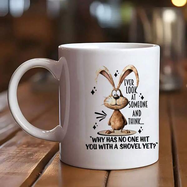 1 White Coffee Mug, Crazy Rabbit Coffee Mug, Camping Mug, Outdoor Mug, 11 Oz Ceramic Material, Perfect Birthday Gift, Holiday Gift, Friends And Family Souvenir Gift, Party Gift, Family Life Coffee Mug, Outdoor Adventure