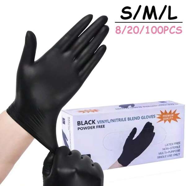 8/20/100pcs Black Disposable Nitrile Gloves, Latex Free WaterProof Anti Static Versatile Working Gloves, 3-Mil, Powder-Free, Non-Allergic, Labor Protection Gloves Suitable For Kitchen, Bathroom, Home, Toilet, Hair Dyeing, Beauty Salon, Kitchen Cooking, Painting, Arts & Crafts Protective Gloves