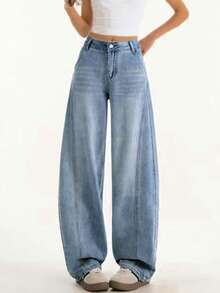 Pantalon casual long jambe large en viscose pour femmes, couleur unie, fermeture à glissière, coupe botte, casual week-end, avec poches, pour le printemps/été - Bleu azur - Voir 2