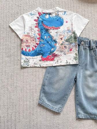 Neues Sommer Jungen Cartoon Dinosaurier Graffiti Muster, locker geschnittenes, rundhalsiges Kurzarm T-Shirt 100% Baumwolle