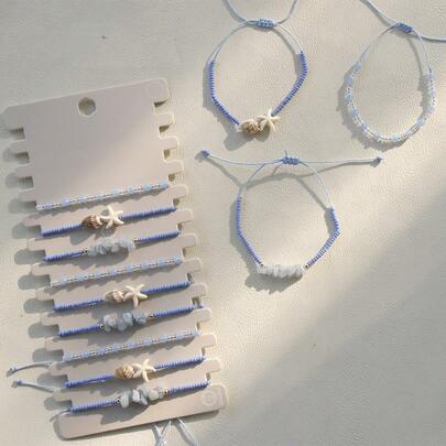 12pcs/Set Bohemian Style Ocean Blue Beaded Shell & Natural Stone Adjustable Bracelet Set, Suitable For Women Holiday & Party