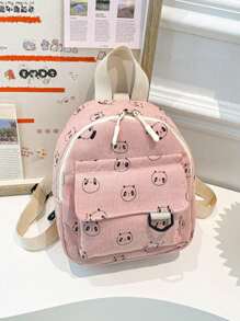 1 pieza Mochila a rayas de unicolor de pana con estilo y sencilla, mochila pequeña fresca, sencilla y dulce con estampado de panda de dibujos animados, apertura y cierre con cremallera, correas de hombro ajustables cómodas y versátiles, adecuada para todas las ocasiones, para uso al aire libre, juego, transporte