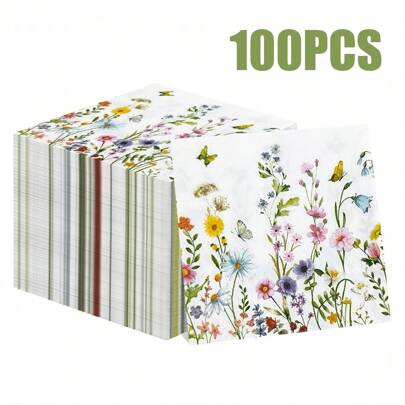 100/60/20pcs 13 * 13 Inch Disposable Butterfly Floral Printed Napkins, Used For Birthday Parties, Family Gatherings, Wedding Banquets, Hotel And Restaurant Decoration Paper