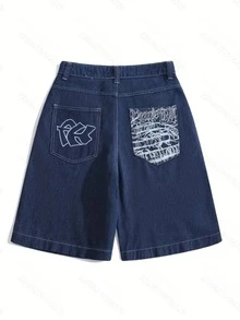 女式后口袋印花宽松休闲百慕大短裤 - 深藍色 - 查看 4