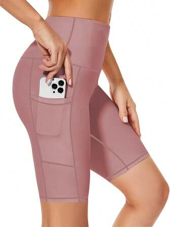 1 件大码女式高腰高弹力纯色运动短裤，带口袋，适合跑步、瑜伽、户外徒步和骑行，春夏季