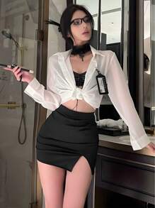 3-Piece Set Secretary Sexy See-Through Uniform Blouse Blouse Suit Collared Bottoms Bag Hip Skirt Professional Shirt Cosplay