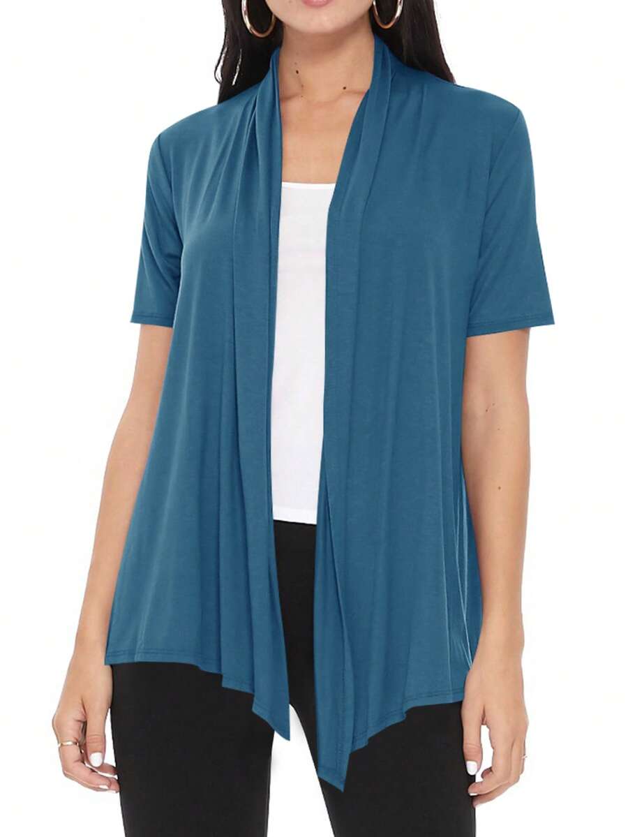 Casual Solid Short Sleeve Open Front Draped Cardigan For Office & Everyday Wear - Teal Blue - View 1