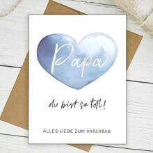 1pc Heartfelt Father's Day Greeting Card With Envelope – Blue Watercolor Heart Design, German Edition For Dad, Stepfather, Or Adoptive Father, 12cm X 17cm, Perfect For Celebrating Father-Youngsters Bond, Fathers Day Gift