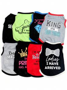 8 piezas Trajes de verano lindos para mascotas, chaleco tejido de poliéster transpirable, camiseta delgada con estampado de letras, adecuado para perros y gatos medianos y pequeños - Multicolor - Ver 12