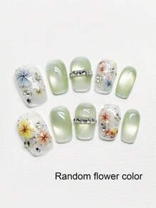 10pcs Cute Flower Green Cat's Eye Rhinestone Decor Delicate Handmade Nail Art, Suitable For Spring/Summer
