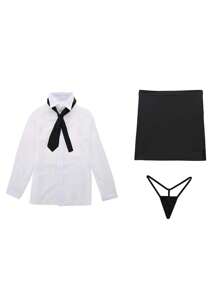 3-Piece Set Secretary Sexy See-Through Uniform Blouse Blouse Suit Collared Bottoms Bag Hip Skirt Professional Shirt Cosplay