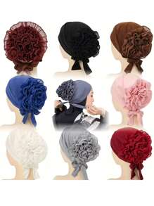 2 piezas Sombreros de turbante de poliéster de moda para mujer, gorros con pañuelo floral elástico y diseño de flor grande, cofia hijab de punto transpirable para ocasiones festivas