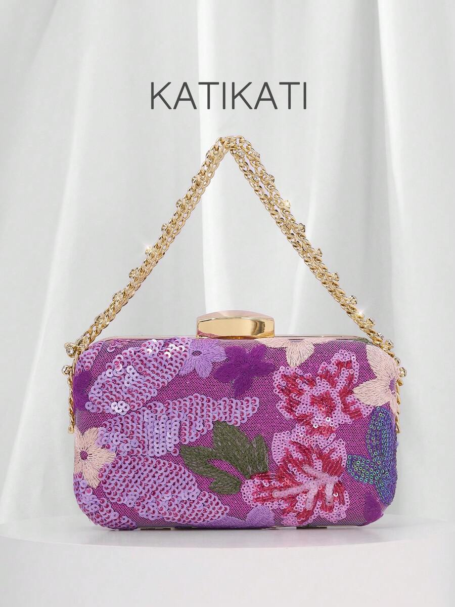 Elegant Glitter Floral Pattern Evening Bag With Detachable Shoulder Strap, Unique Design Clutch Bag, Polyester Lining, Suitable For Party, Wedding, Prom And Halloween Gala