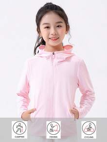 女童夏季轻便防紫外线长袖连帽夹克，透气婴儿亲肤薄外套 - 粉色 - 查看 4
