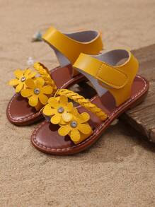 1 paire de sandales de plage mode pour adolescentes roses, en matériau PU souple et unicolore, avec décoration florale brillante, design à bande avec fermeture , bout rond, confort plat, sandales romaines mignonnes, convient aux filles de 3 à 15 ans, pour un usage quotidien, la plage, nouveautés d'été