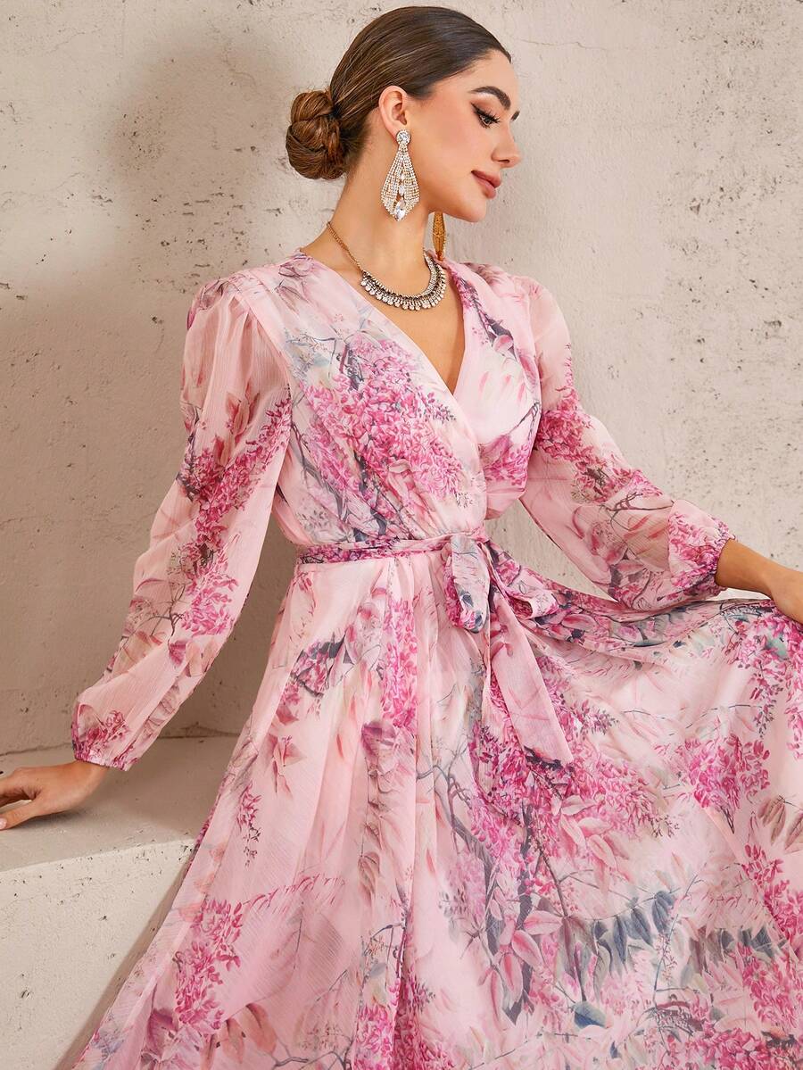 Flower Print Wrap Dress With Belt - Watermelon Pink - View 1