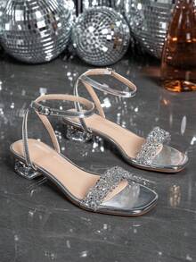Women's Crystal Heel Glass Rhinestone Champagne Color Plus Size High Heel Sandals - Metallic Silver - View 4