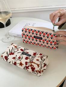 1 件灯芯绒铅笔袋，复古花朵艺术风格柔软触感笔袋学生包文具收纳袋返校