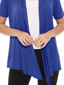 Casual Solid Short Sleeve Open Front Draped Cardigan For Office & Everyday Wear - Royal Blue - View 5