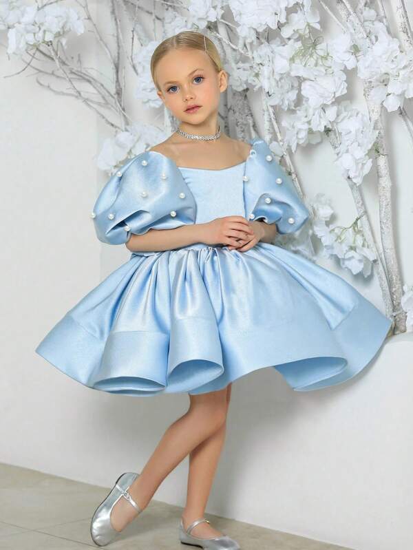 Rochie de petrecere cu mâneci bufante și perle pentru fete tinere, rochie elegantă de prințesă albastru deschis, potrivită pentru petrecerea de ziua de naștere a fetelor, cadou, bal, nuntă, fetiță cu flori, festival, rochie dintr-o singură bucată